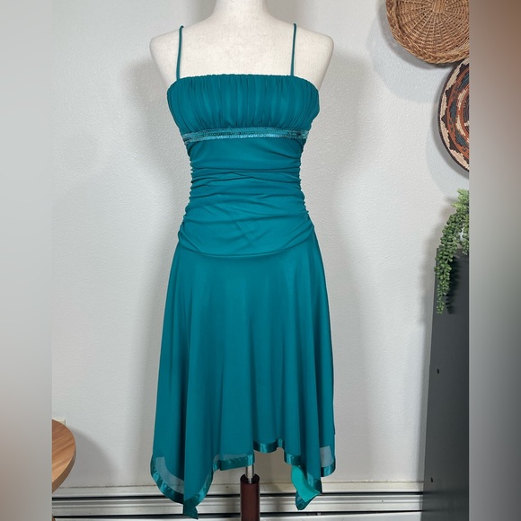 Vintage Dresses & Skirts - Y2K Vintage Women's Deep Teal Blue Dress Fairycore Balletcore Sequins Size Small